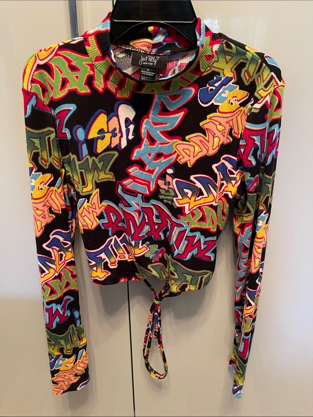 Just Riveted Black Multicolor Graffiti Tie-Hem Long Sleeve Top